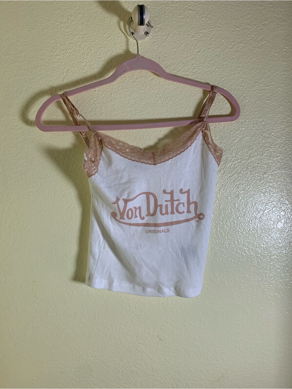 NWOT Von Dutch White Camisole with Blush Lace & Logo, Size L